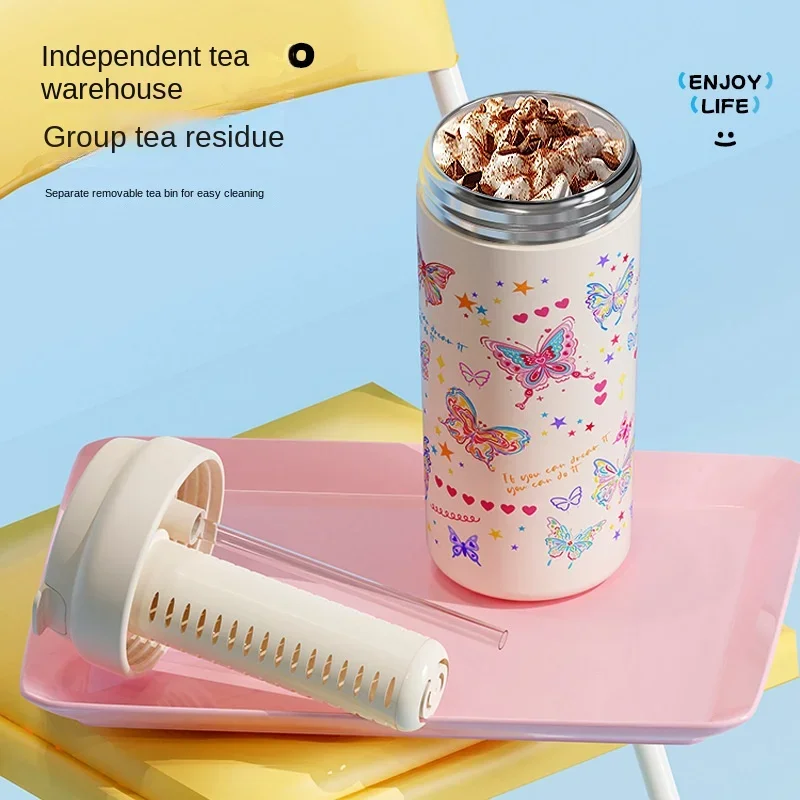 Butterfly coffee cup, stainless steel sprayed ceramic liner thermos bottle, outdoor water bottle with straw