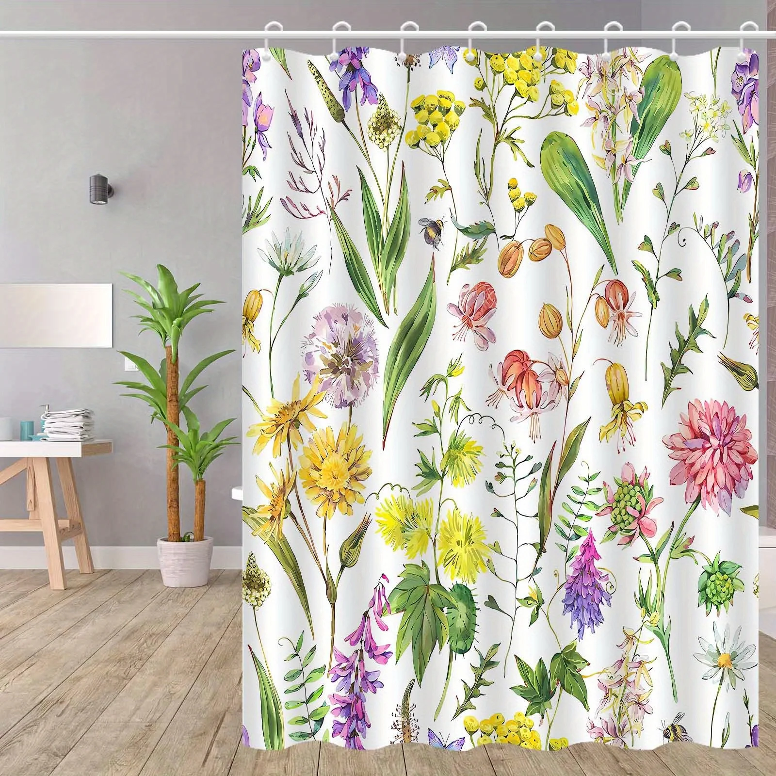 JIT1P Nordic Fresh Plant Flower Shower Curtain, High End Elegant and Fog Proof Bathroom Curtain, Multi Functional Curtain, Bathr