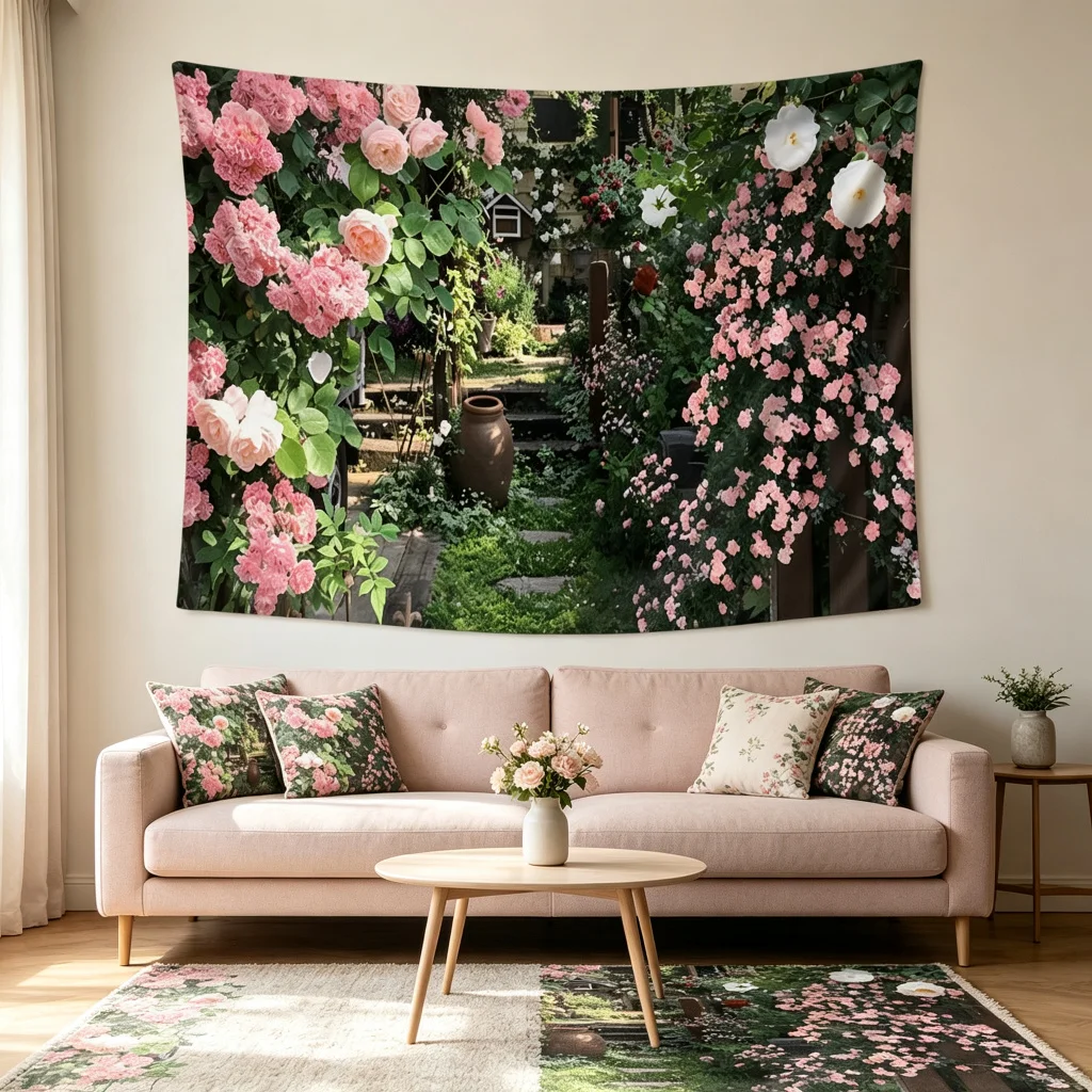 1PC Rose Garden Arch Floral Path Print Backdrop Banner, Bedroom Living Room Photo Background, Polyester, Home Decor, Wall Art