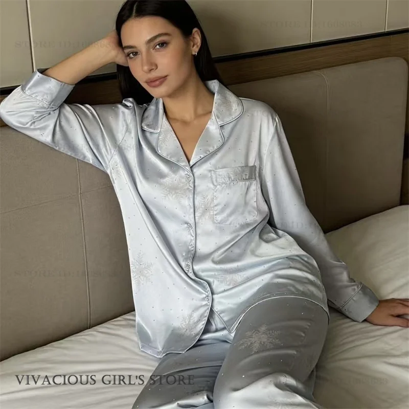 

New Ice Silk Female 2PCS Pajamas Set Elegant Print Snowflake Long Sleeve Trouser Pijamas Suit Loose Casual Homewear Lingerie