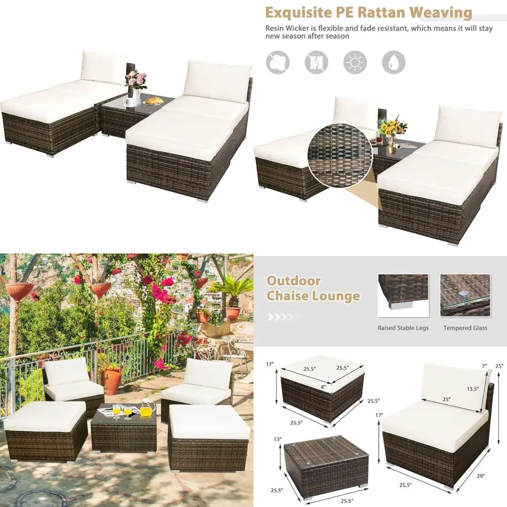 

5-Piece Wicker Outdoor Lounge Set with Tempered Glass Coffee Table and Washable Cushions