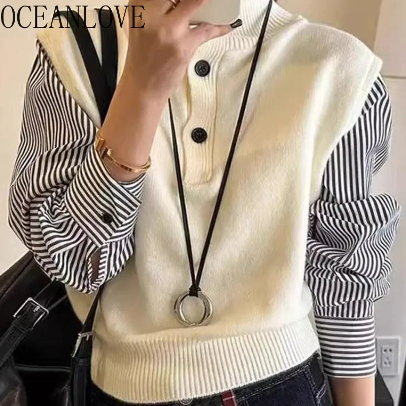 

OCEANLOVE Fake 2 Pieces Women Sweaters Stripes Turtleneck Vintage Warm Pullovers Korean Fashion Chic Thick Pull Femme
