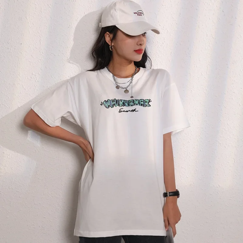 

Loose White Letter Print T Shirts Women Mid Length Short Sleeve Casual Tops O-neck All-match Plus Size Tees Simple Aesthetic New