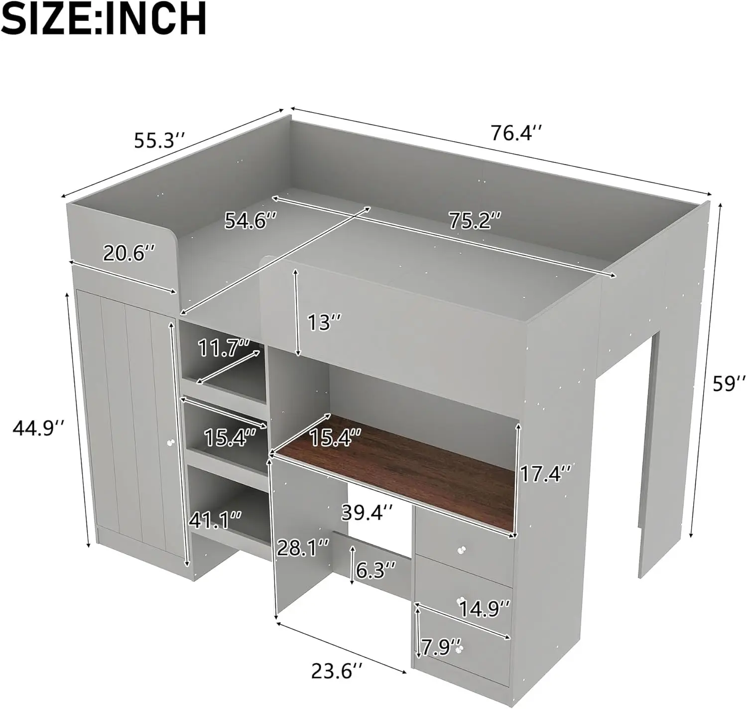 Cama alta de madera de tamaño completo con armario incorporado, escritorio, estantes y cajones de almacenamiento, para dormitorio de niños, adolescentes y adultos, gris