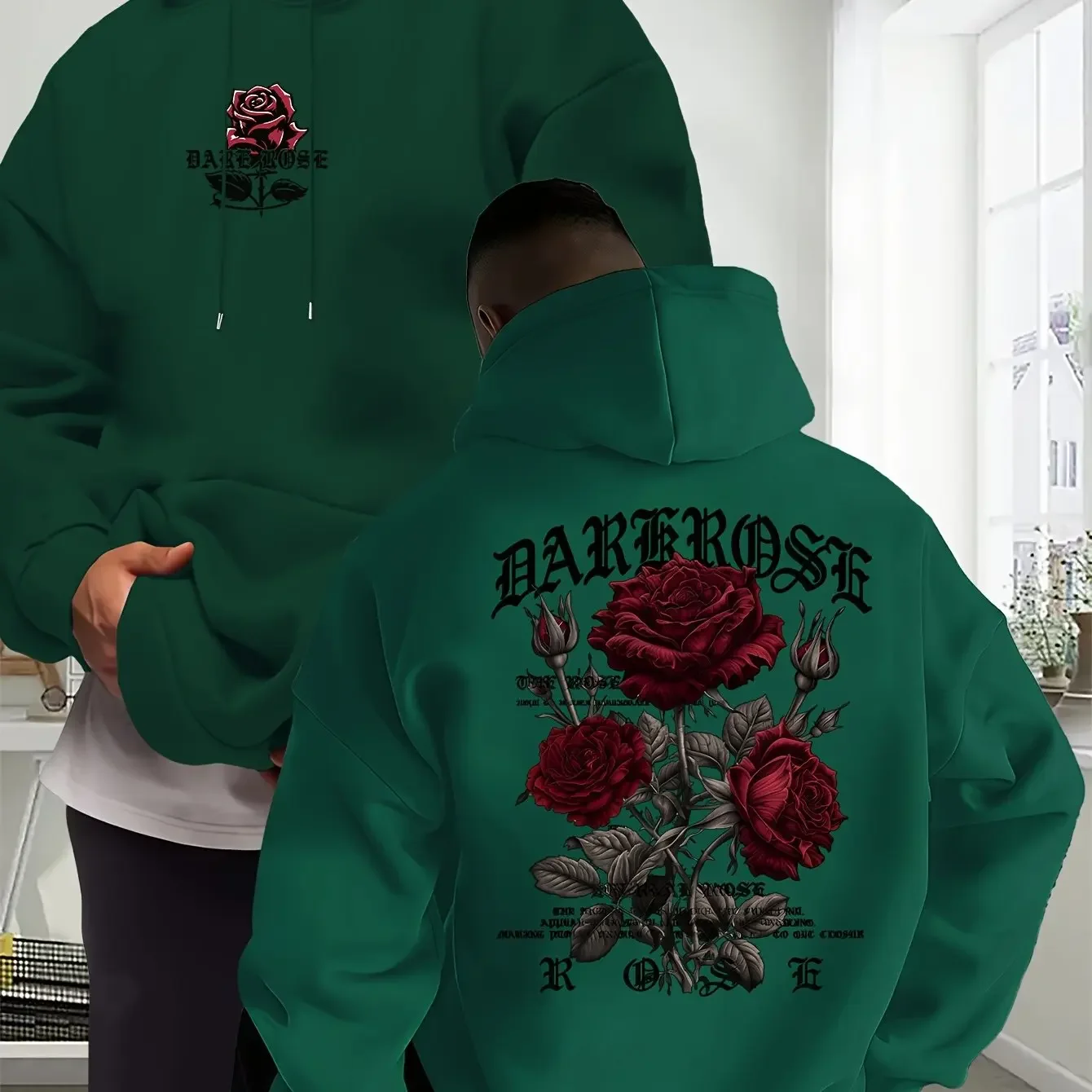 Men's Gothic Rose Hoodie Dark Red Floral Script Graphic Front Back Print Oversized Pocket Pullover Sweatshirt Streetwear