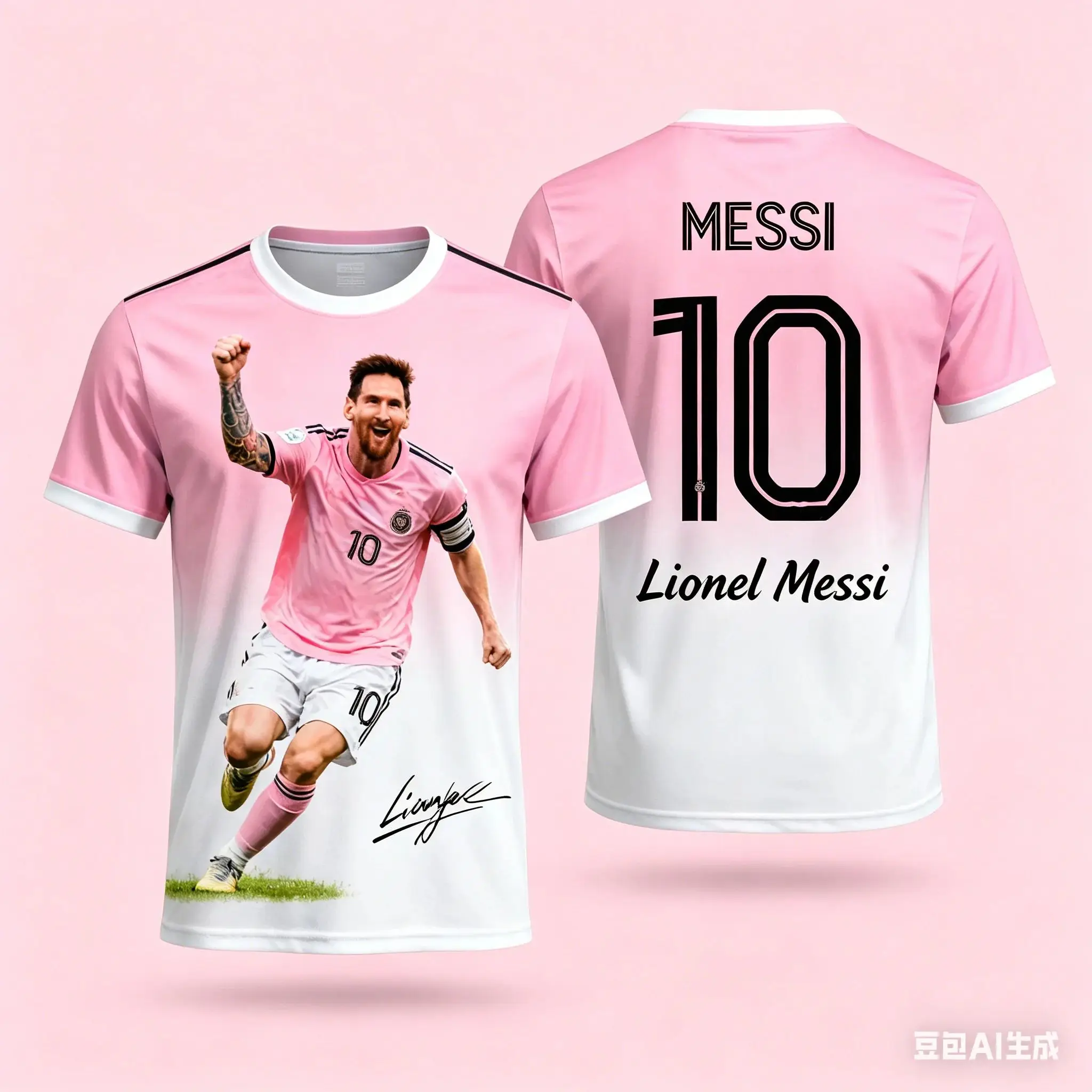 Lionel Messi #10 Inter Miami CF Soccer Jersey T-Shirt, Men Women Pink White Gradient Short Sleeve Football Fan Streetwear Tee