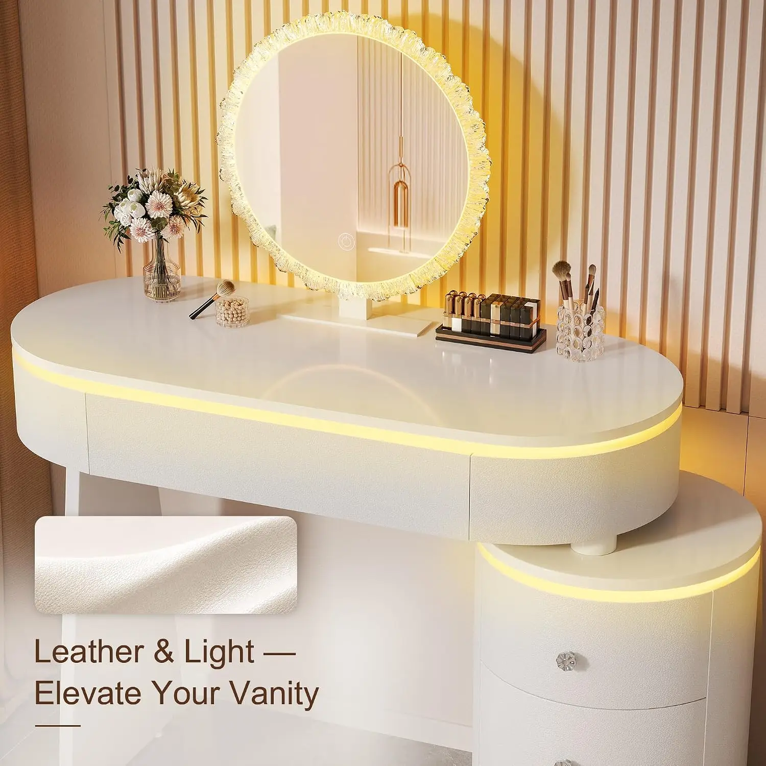 Round Vanity Desk with Mirror & Lights Faux Leather Reversible Cabinet Small Table Storage Drawers Bedroom, Customized