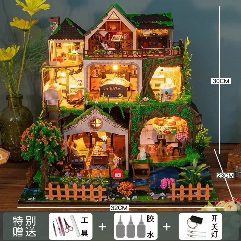 Handmade Wooden Cottage Fairy Tale Forest Building Block Model Villa - Unique Birthday Gift for Building Block Lovers