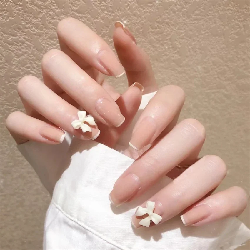 24Pcs/Set Bow Design Sweet Press on Nail Simple Polka Dot Acrylic Wearing False Nails French Stick Full Coverage Fake Nail Tips