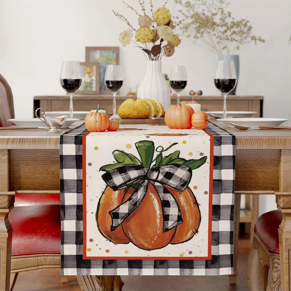 13x72IN Thanksgiving Table Runner Autumn Pumpkins Maple Leaf Print Linen Dining Table Decoration For Halloween Thanksgiving