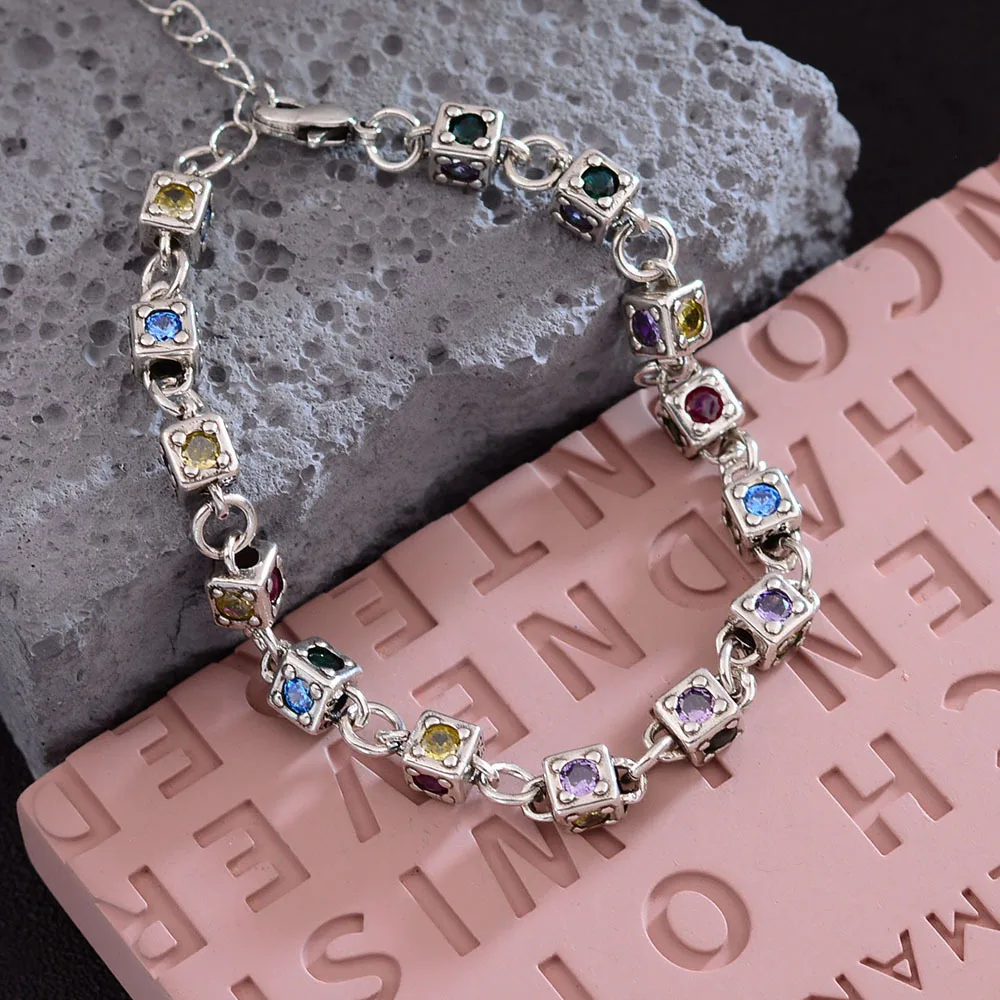 New Arrival Vintage Square Sugar Colorful Crystal Thai Silver Female Bracelet Promotion Jewelry For Women Gifts Cheap No Fade
