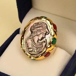 G-G Natural Black Sea Shell Pearl Rings Beauty Face Red Green Jade Paved Gold Plated Adjustable Ring Handmade Lady Gifts