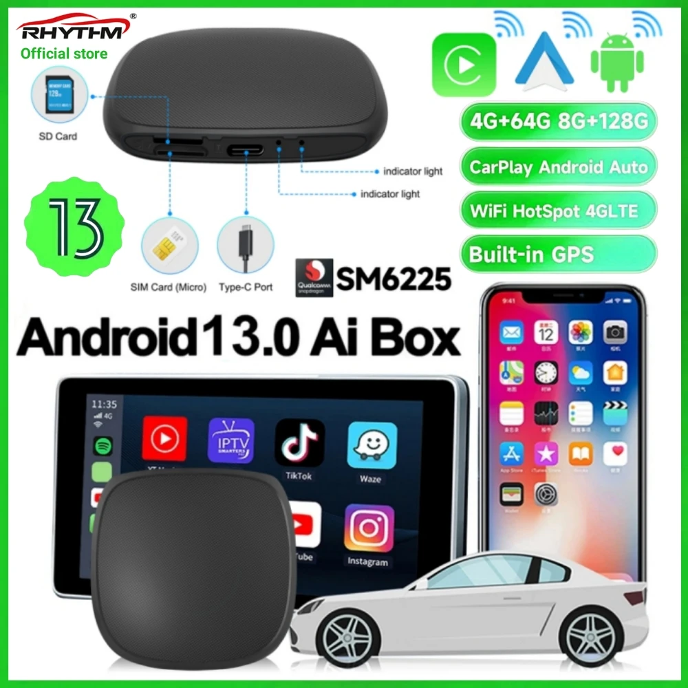 CarPlay AI Box Android 13.0 QCM6225 4-Core Android Auto Wireless CarPlay Adapter 2.4+5G 64G 128G GPS WIFI For Nissan Volvo Aud