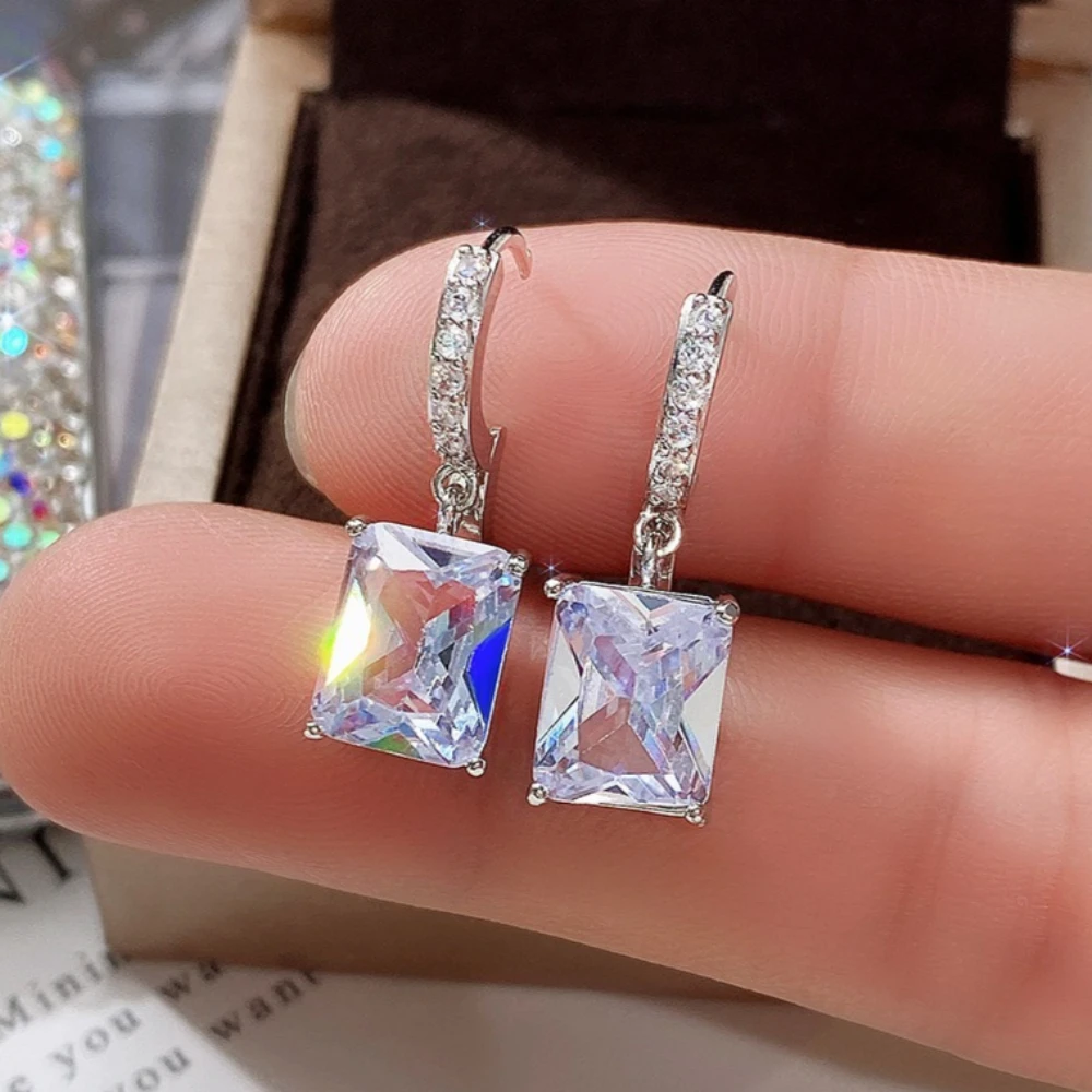Korea Simple High Quality Square 5A Zircon Dangle Earrings for Women Luxury Charm Crystal Pendant Piercing Hoop Earrings Jewelry
