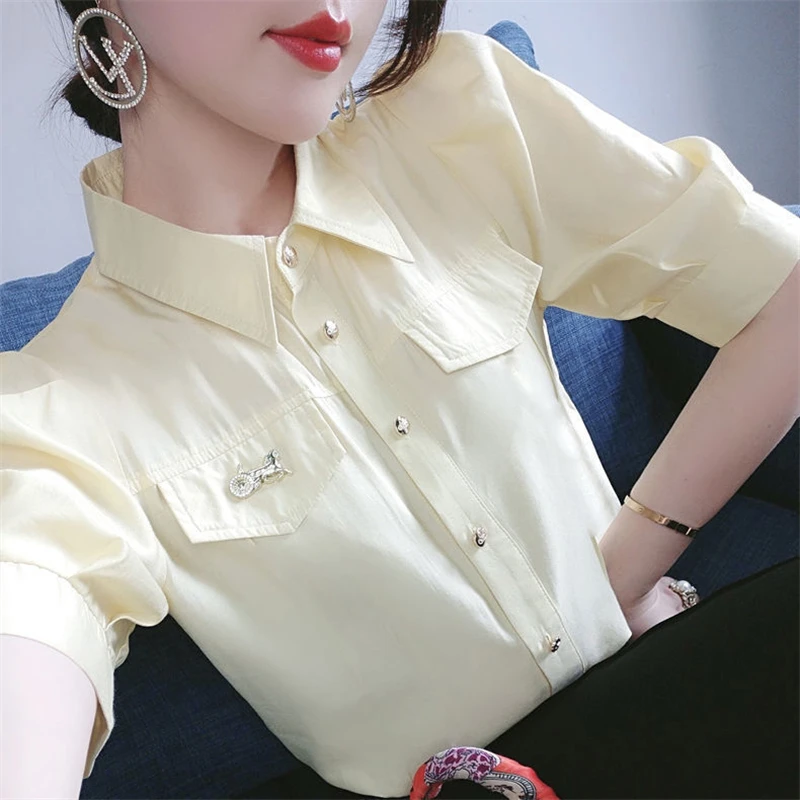 Women's Korean Fashion Elegant Button Up Shirt Office Lady Lapel Solid Commute Blouse Casual Loose Chiffon Tops Summer Camisas