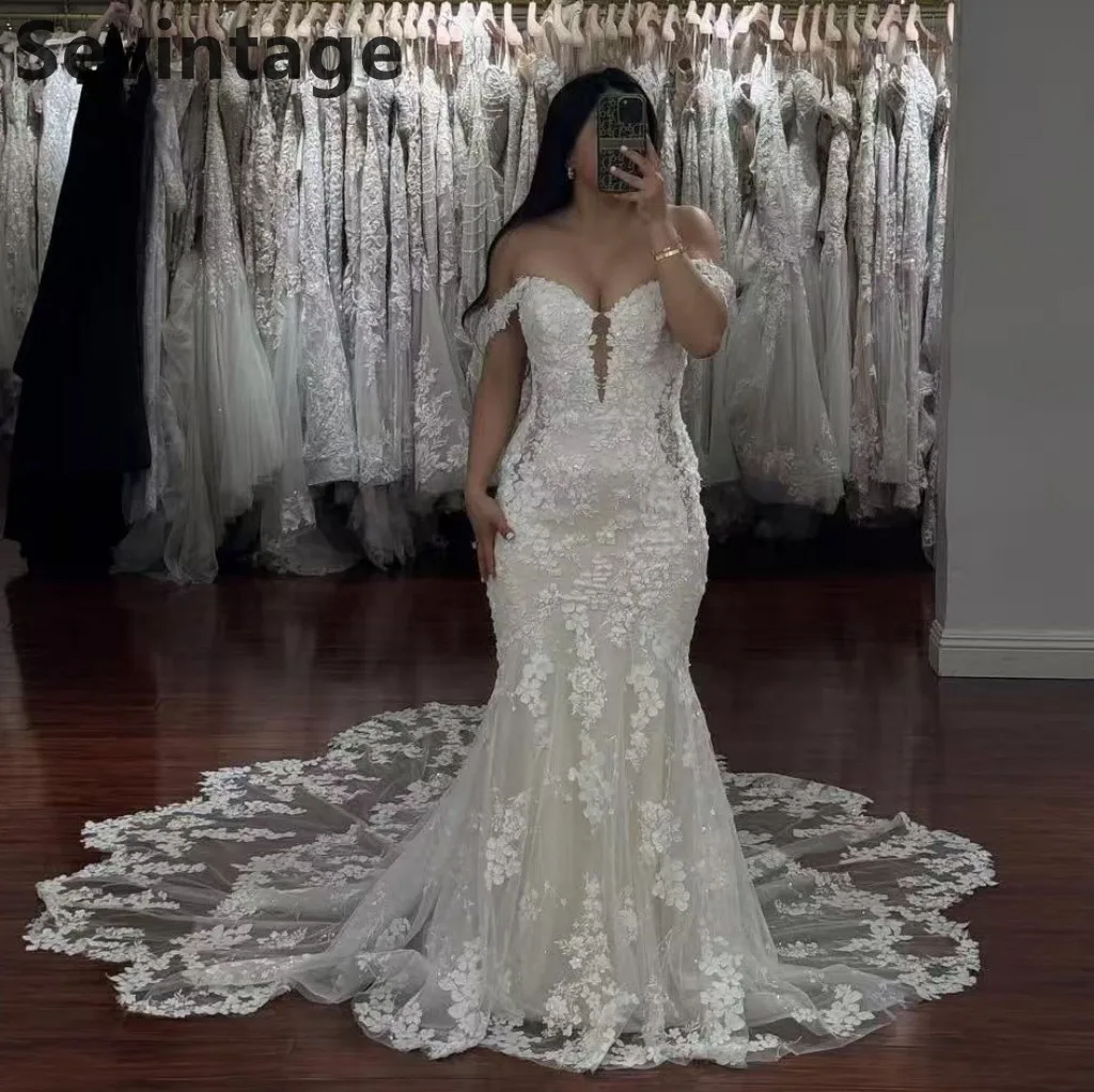 

Sevintage 2025 Luxury Full Lace Appliques Mermaid Off Shoulder Wedding Dress Customized Bridal Gowns Robe de mariée