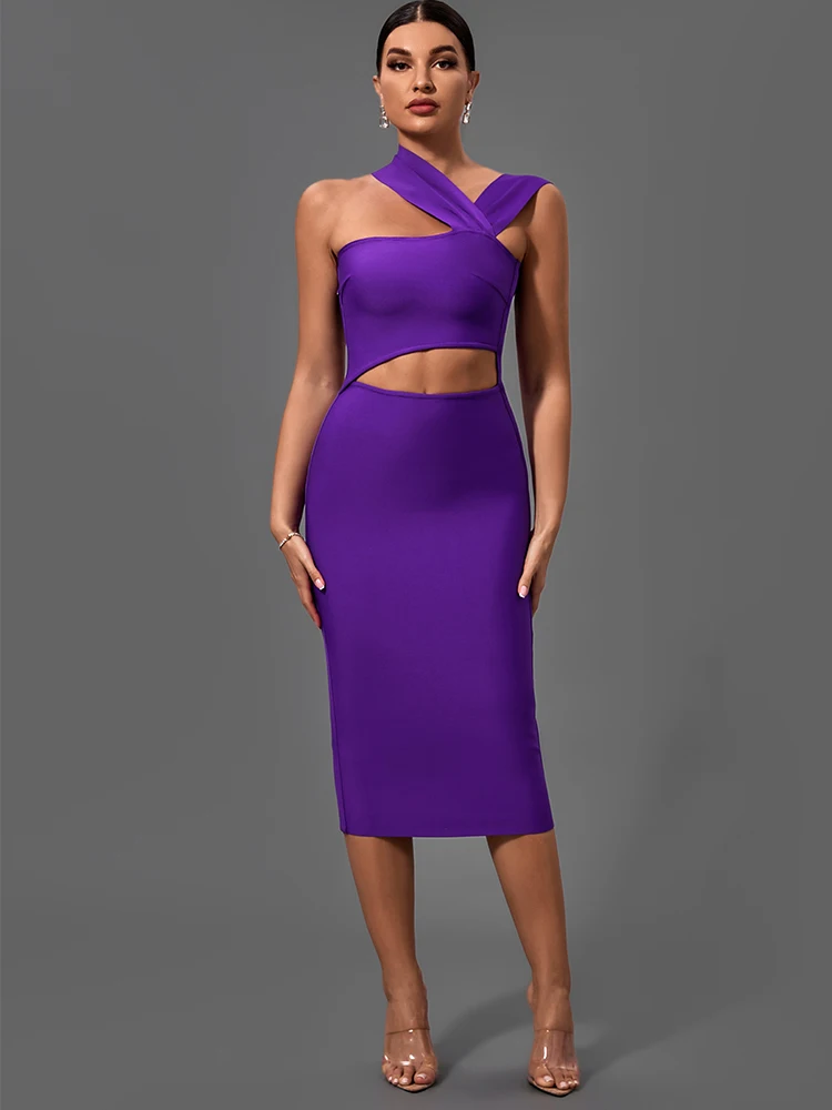 Bandage Dresses for Women 2022 Purple Bodycon Dress Evening Party Elegant Sexy Cut Out Midi Birthday Club Outfit Summer New