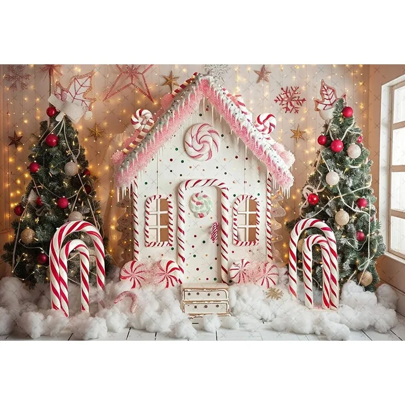 Christmas Gingerbread House Tapestry Candy Cane Snow Scene Xmas Tree Wall Hanging Holiday Party Photo Background Decor