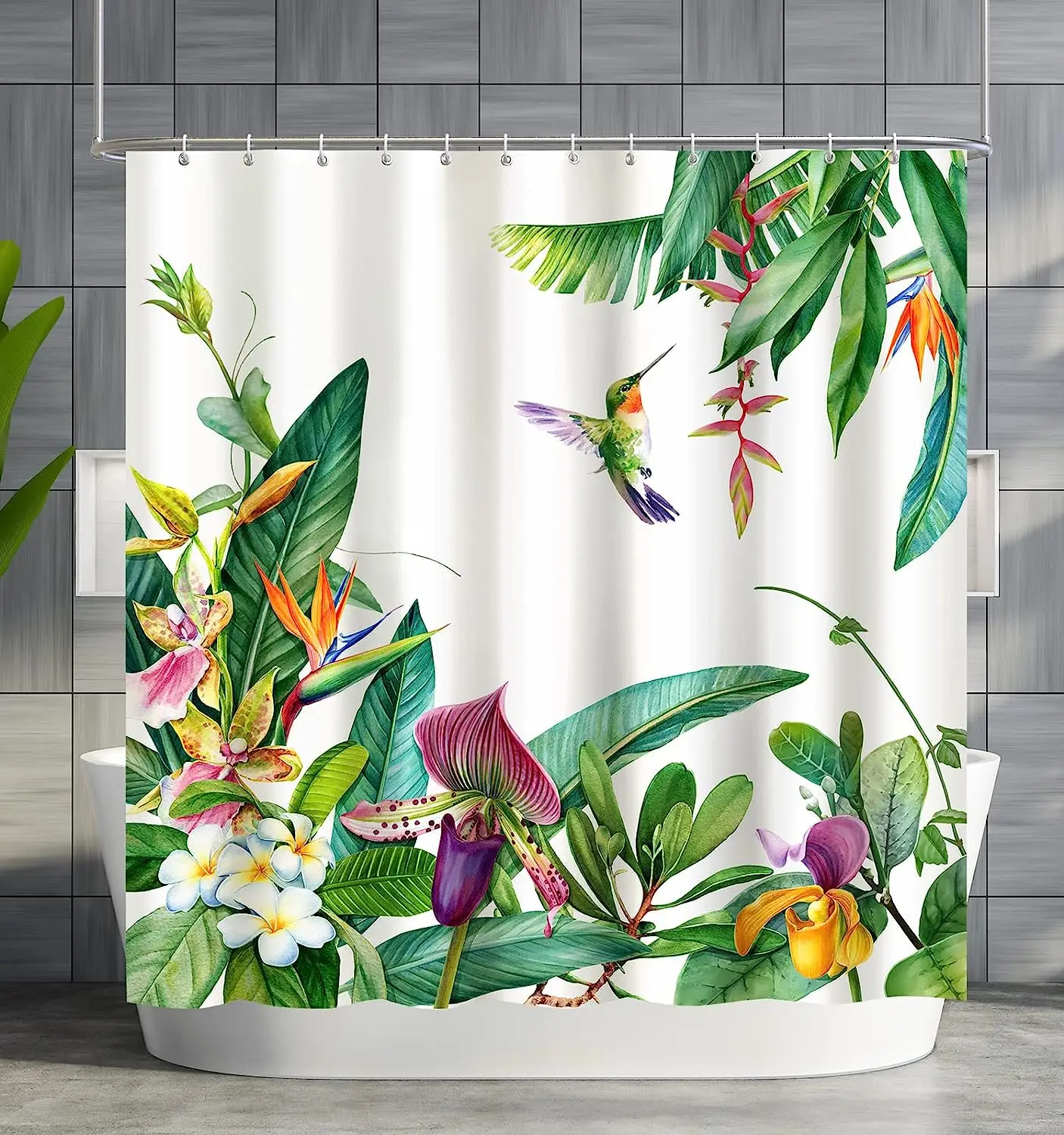 Hummingbird Floral Shower Curtain Watercolor Flower Plant Tropical Green Leaves Bird Butterfly Bathroom Decor Fabric with Hooks