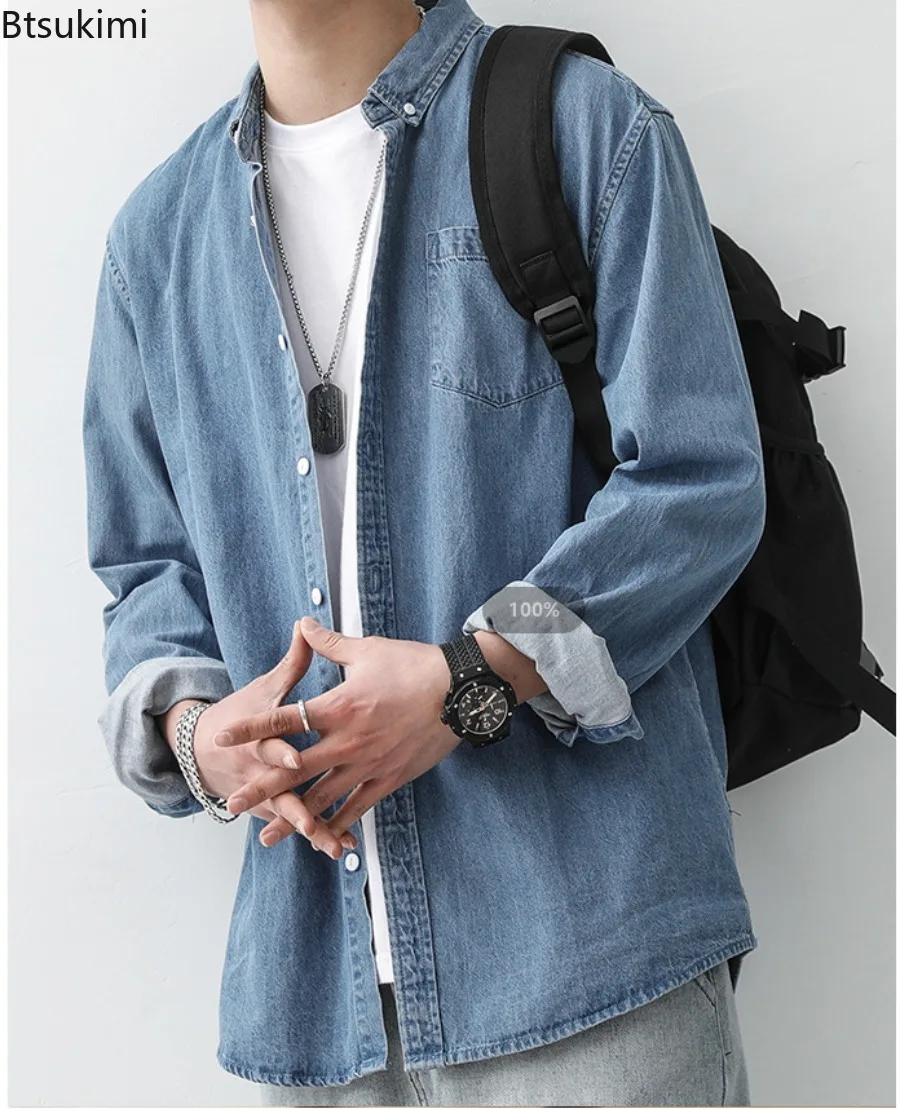 New Men's Long Sleeve Denim Shirts Spring Autumn Vintage All-match Casual Shirt Jackets Fashion Solid Loose Cotton Cargo Shirts