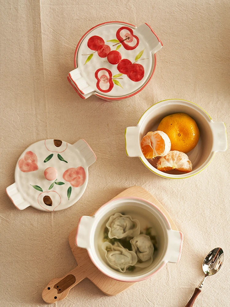 Steamed Egg Bowl with Cover Baby Children Ceramics Kitchen Tableware Practical Safe Eco Friendly Fruit Pattern Lovely