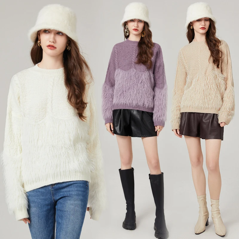 High-quality fur stitching thickened twist crewneck sweater imitation mink temperament knitwear