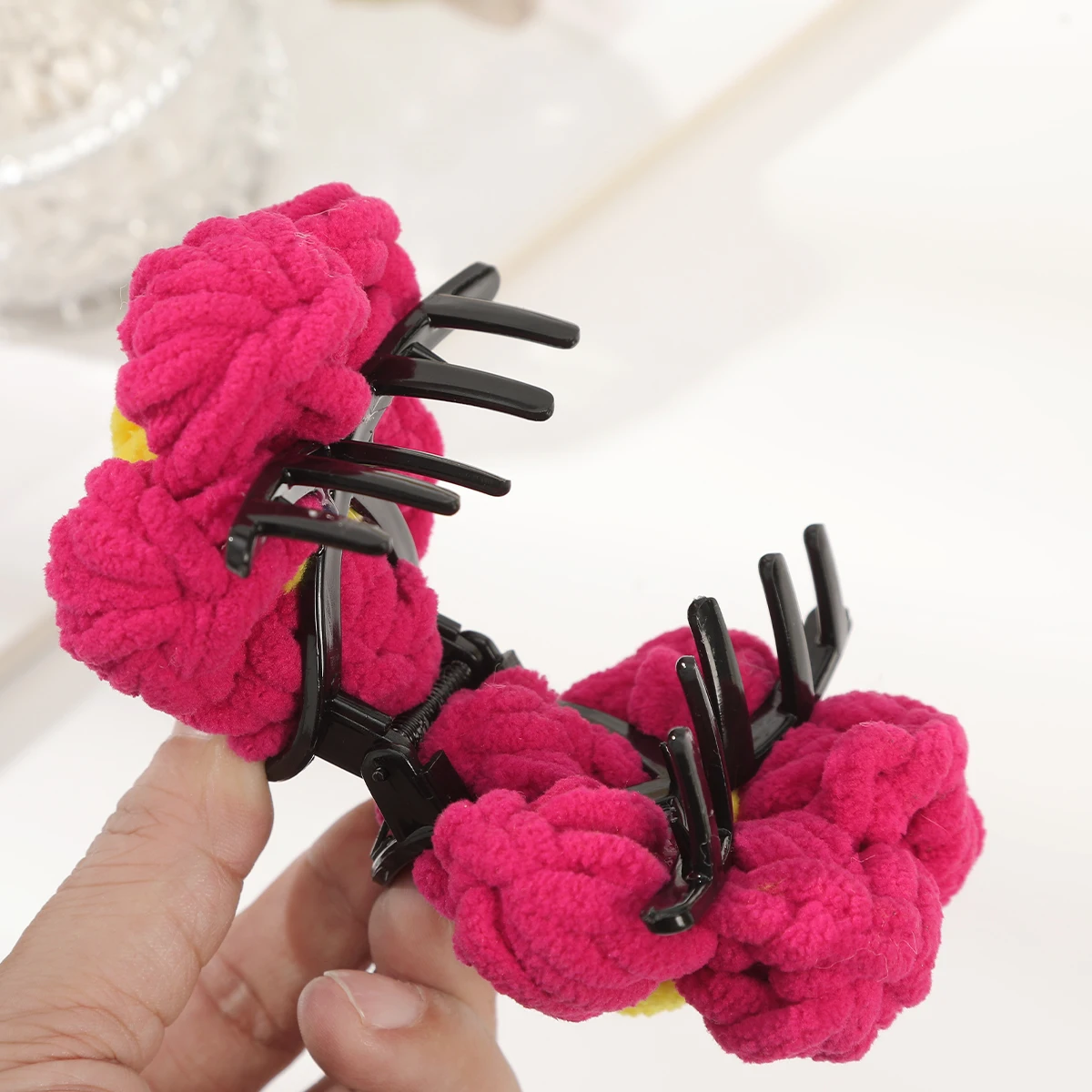 AWAYTR Yarn Pink Flower Hair Claw Clips Women Girls Soft Flowers Ponytail Holder Hair Clamps Barrette Fashion Hair Accessories