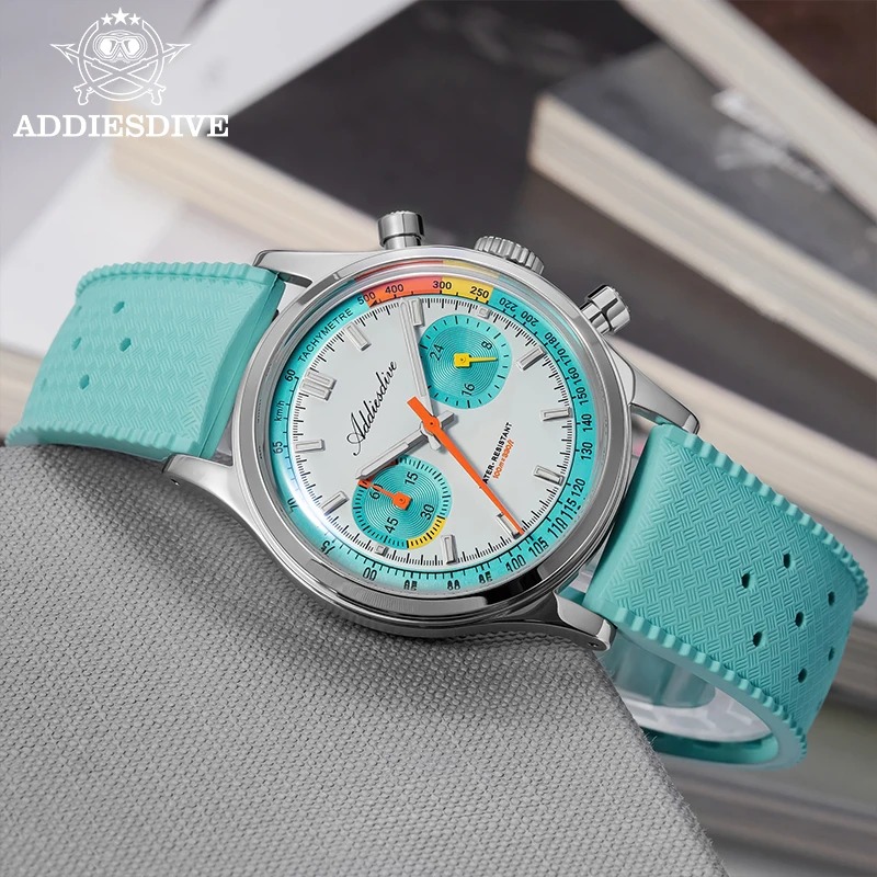 ADDIESDIVE Hot Sale VK64 Chronograph Quartz Watches AD2529 BGW9 Super Luminous Fluorocarbon Rubber 10Bar Waterproof Men's Watch
