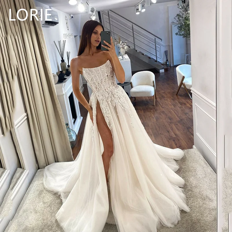 LORIE 3D Lace Applique Sexy A-line Side Split Tulle Wedding Dress Sleeveless Bridal Gowns vestidos de novia Customized 2025