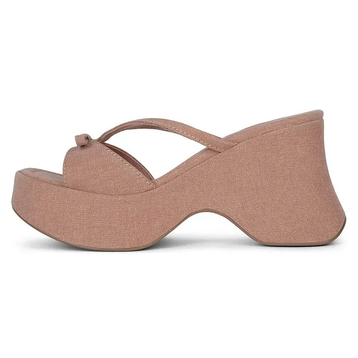 

Nude Open Toe Heeled Platform Mules Sandals with Bow Decor