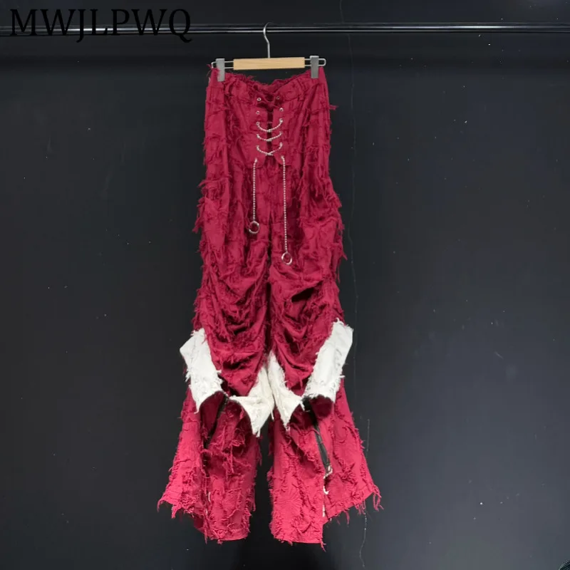 MWJLPWQ Dark-Style Heavy-Duty Patchwork Loose Casual Pants For Men And Women Burgundy Deconstructed Design Trousers Chic 16295
