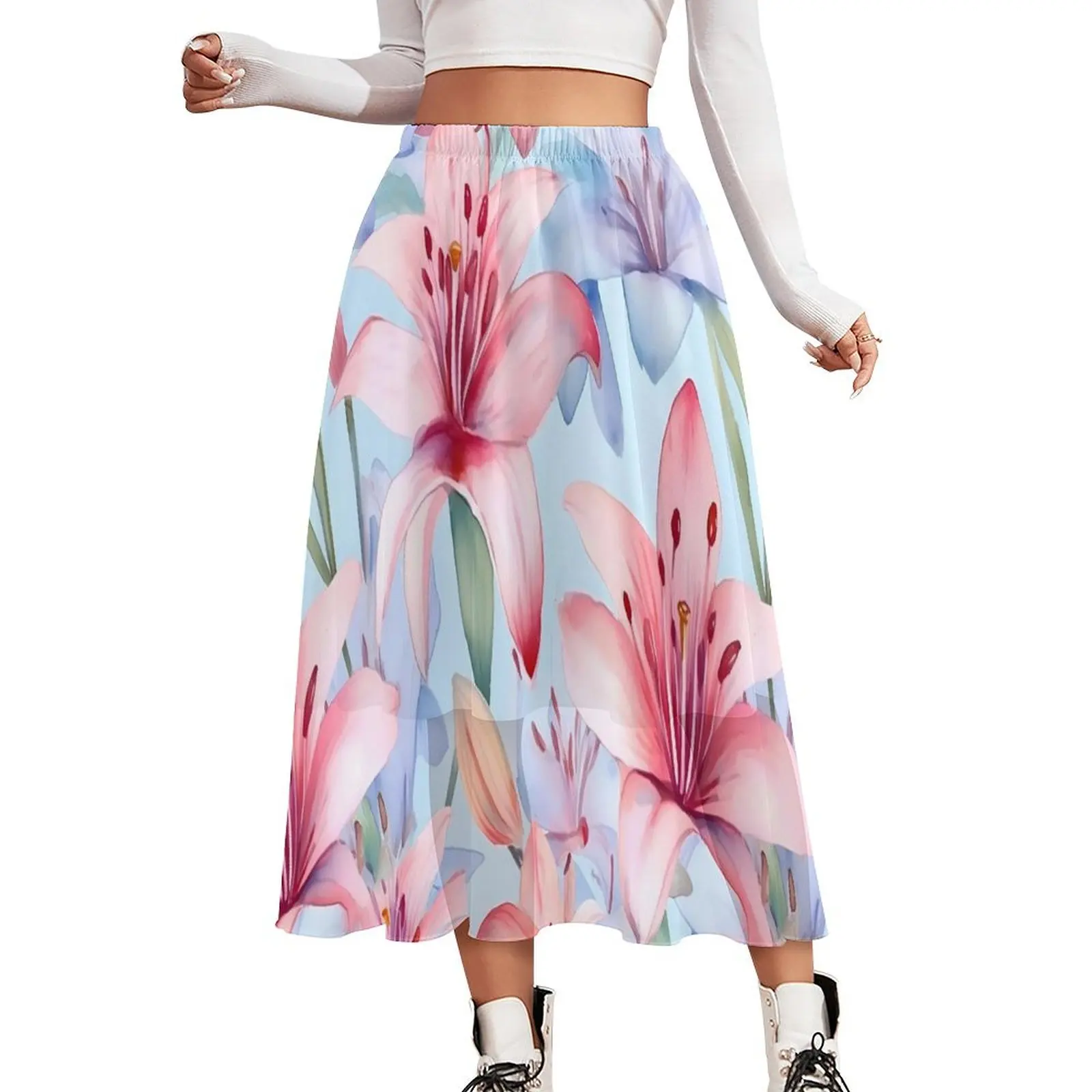 

Pink Lily Floral Skirt Watercolor Flower Cute Boho Skirts Elastic Waist Custom Aesthetic Casual Skirt 2XL 3XL 4XL