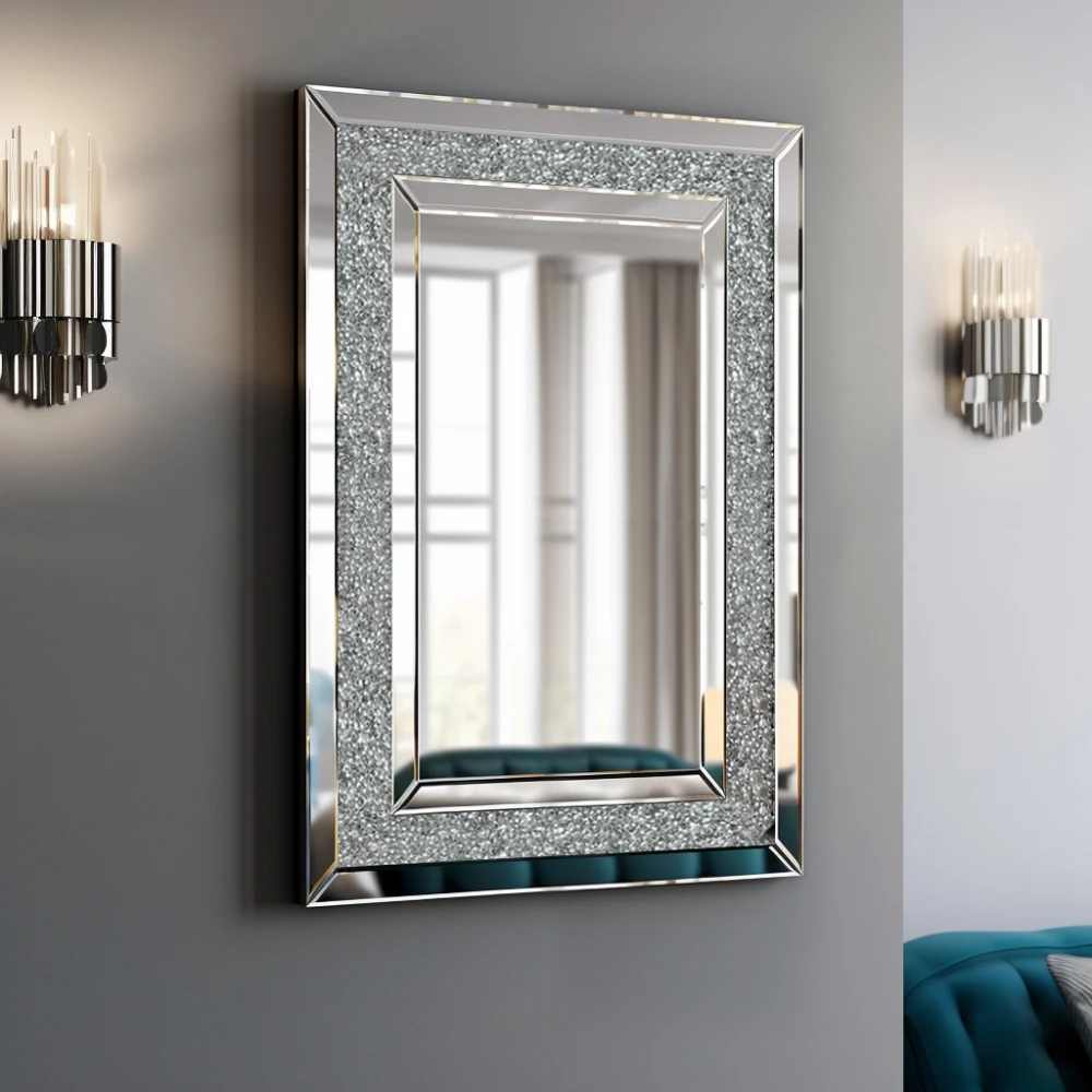 Large Wall-Mounted Silver Decorative Rectangular Wall Mirror for Home Living Room Bedroom Entryway