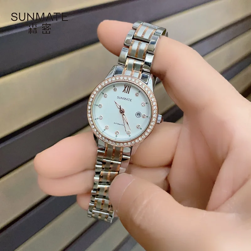 ساعة ميكانيكية أوتوماتيكية للسيدات من SUNMATE، فاخرة وأنيقة، مقاومة للماء، سوار فضي، ساعة يد نسائية مع صندوق هدايا