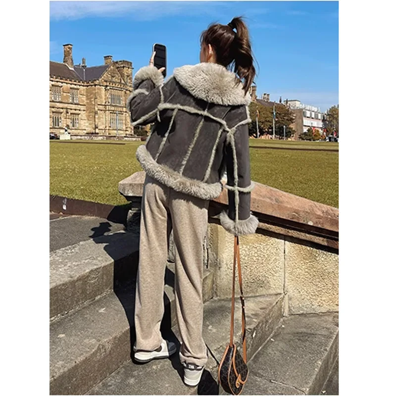 Damska kurtka z futra jagnięcego na jesień i zimę 2024, motocyklowa, ocieplana, skórzana, futrzana, mała, elegancka, wysokiej jakości płaszcz bawełniany.