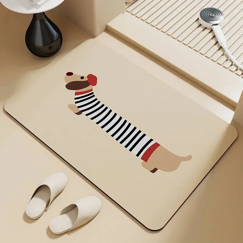 VIKAMA Cute Dachshund Bath Mat Striped Sausage Dog Cartoon Beige Absorbent Non Slip Bathroom Floor Rug
