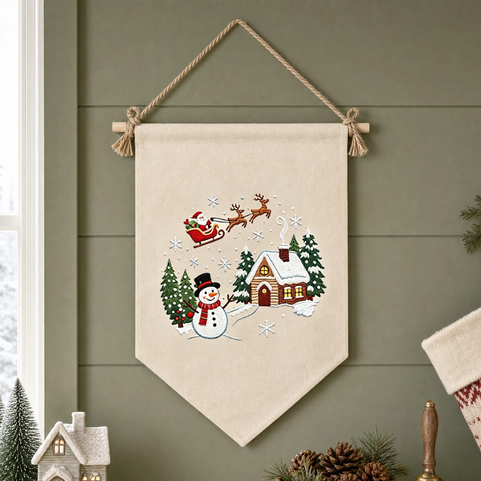 Full Christmas Embroidery DIY Kit Triangle Wall Hanging Flag Printed Cotton Canvas Hoop Needle Thread Organizer Beginner Set