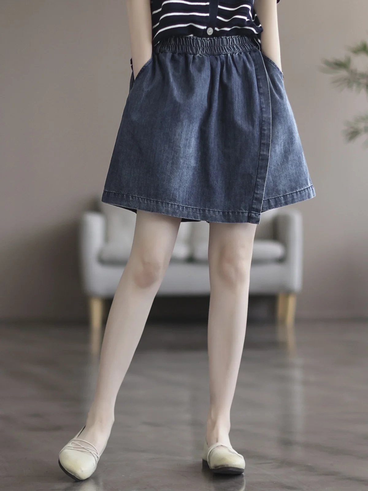Washed Cotton Denim Shorts Summer Thin Small Size 2024 New Style Full Cotton plus Size Fake Two-Piece Short Pants Skirt Slimm...