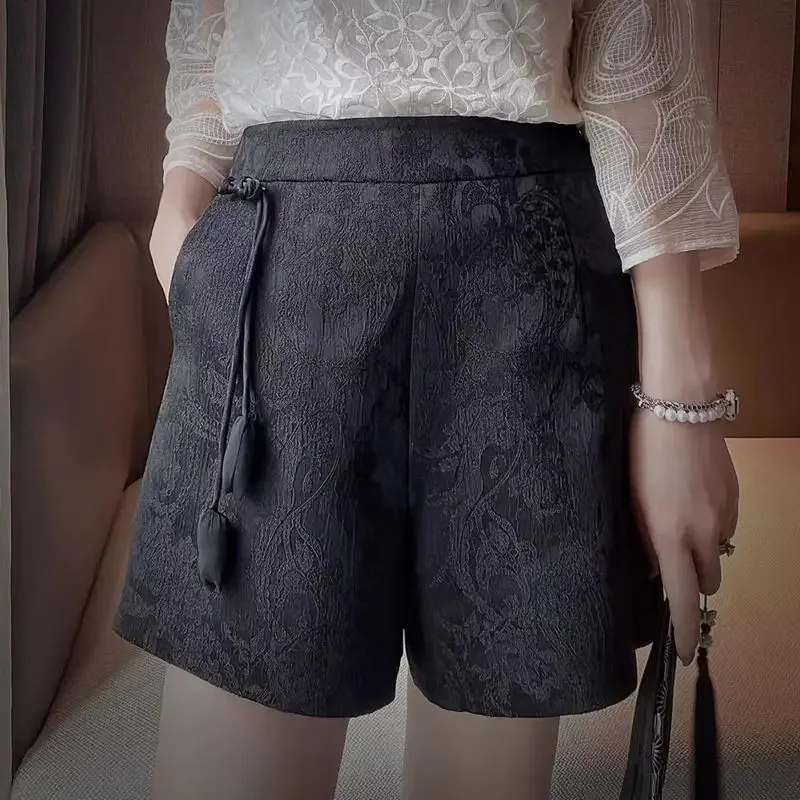 2024 New Summer Retro Art Chinese Style High Waist Jacquard Lace Loose Casual Fashion Versatile New Chinese Shorts for Women