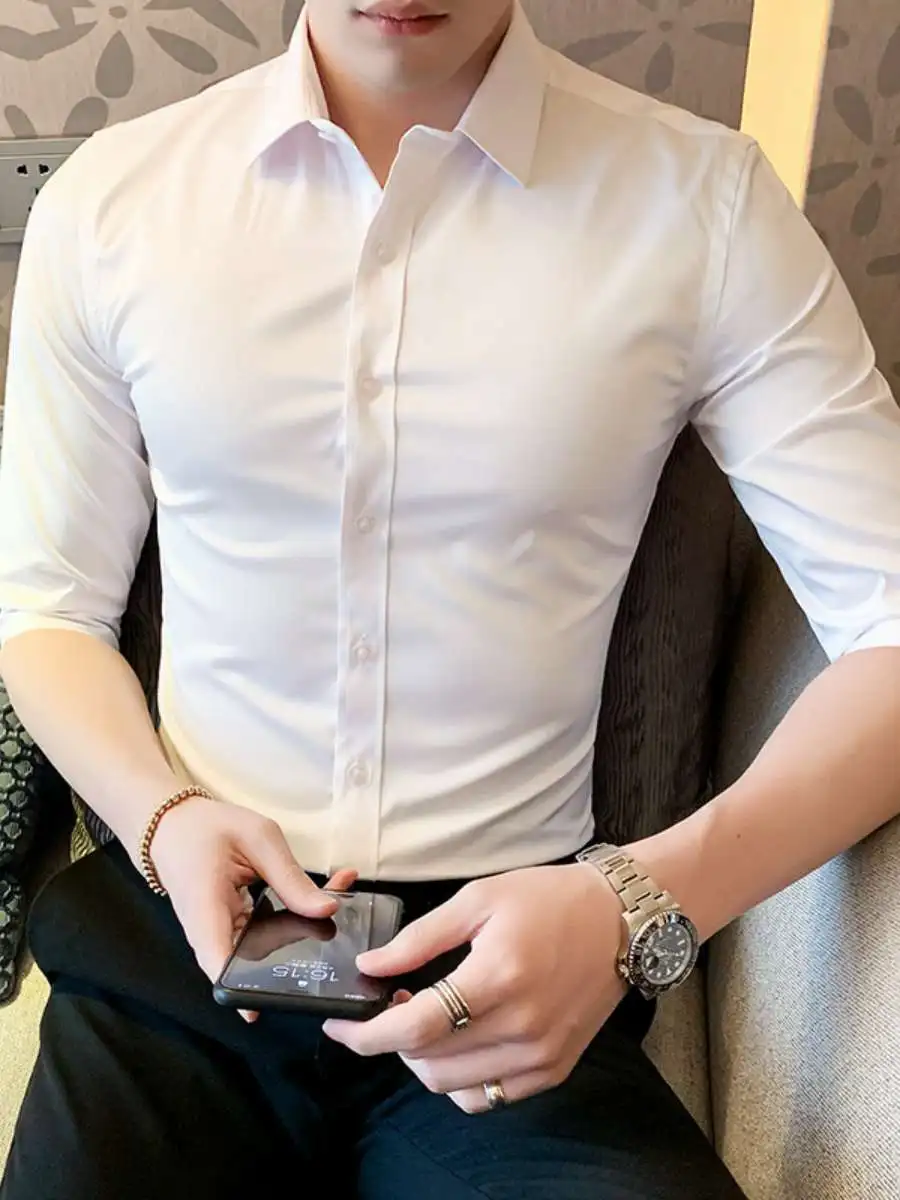 

Men's Casual Slim Fit Seven Sve irt Busin Pure Color Elastic irt Summer ort Sve Flip Collar Travel Top