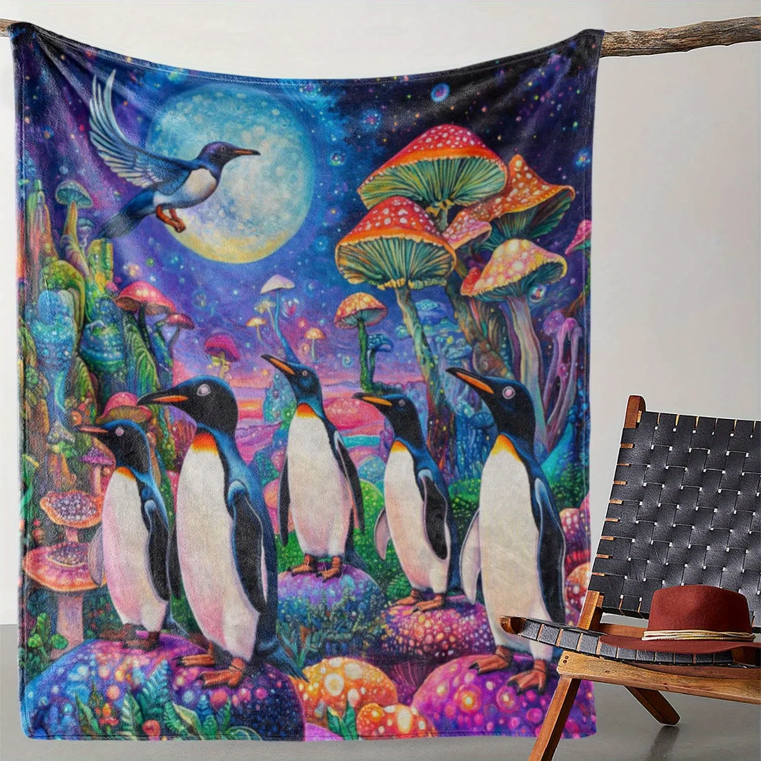 Cozy Flannel Throw Blanket with Penguin & Colorful Mushroom Design - Soft, Warm, and Versatile for Couch, Bed, Car, Office, Camp