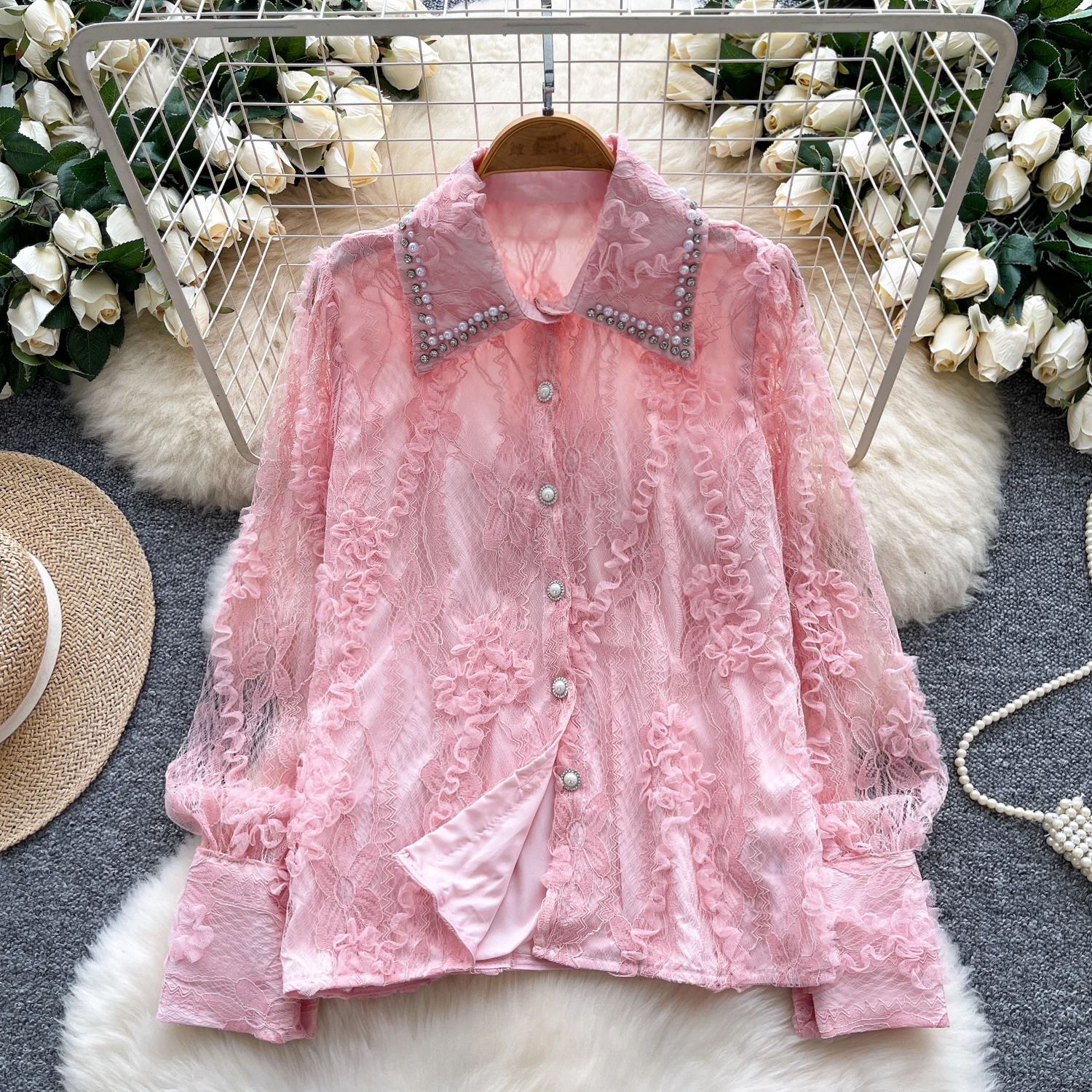 

Chic vintage long sleeve Beading lace Elegant Fashion Sexy bohemian Women Blouse women clothing