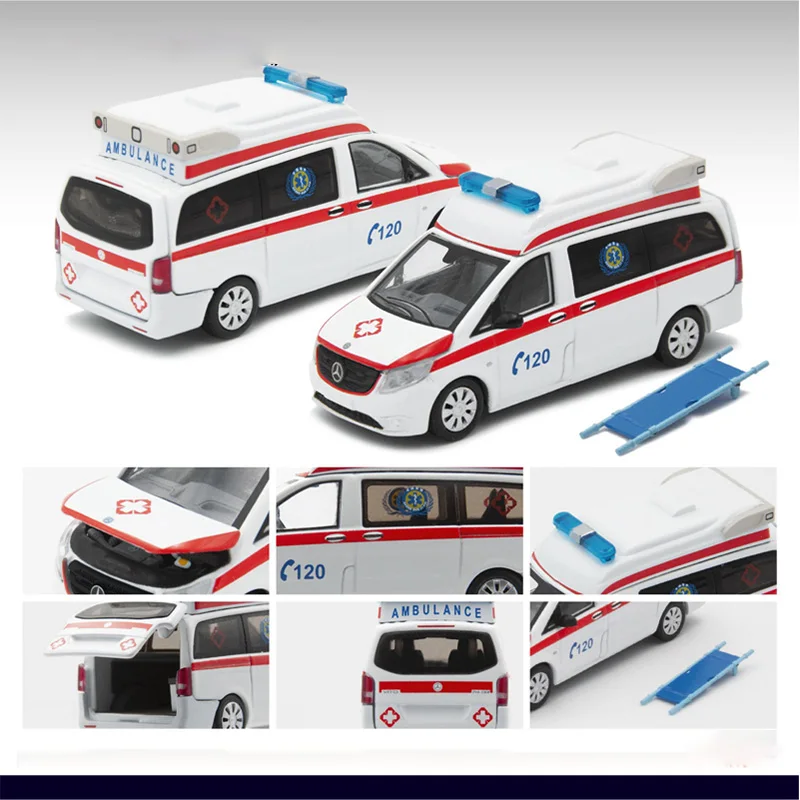 Diecast Original 1:64 Scale Vito Continental Ambulance Delivers Stretcher Simulation Alloy Car Model Gift Static Decoration