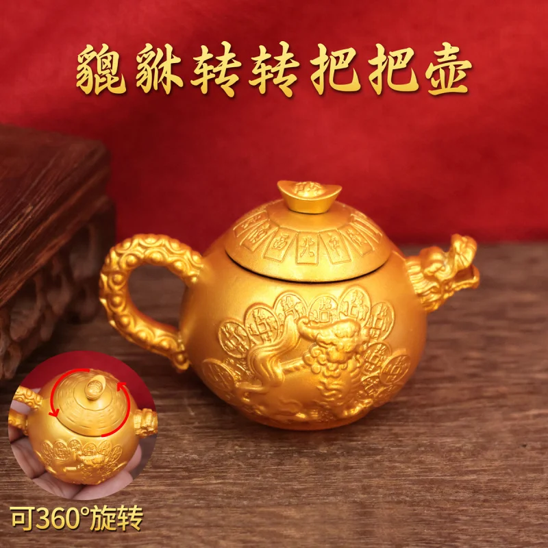 Brass Kettle Mini Pixiu Small Teapot Instantly Turning Handle Piece Mahjong Craft Ornament