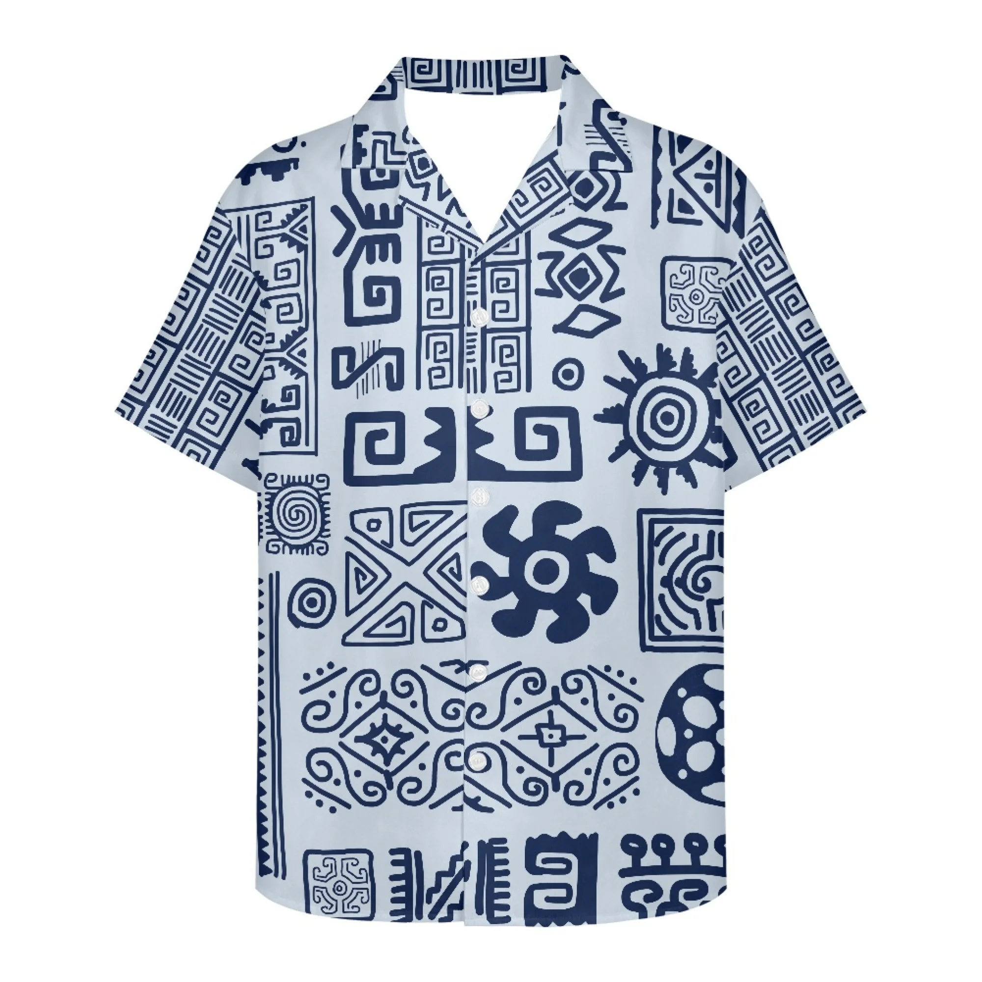 Samoan Moroccan Traditional Tribal Print Summer Single Breasted Casual V-Neck Shirt Lapel Cheap Short Sleeve Men's Classic Style