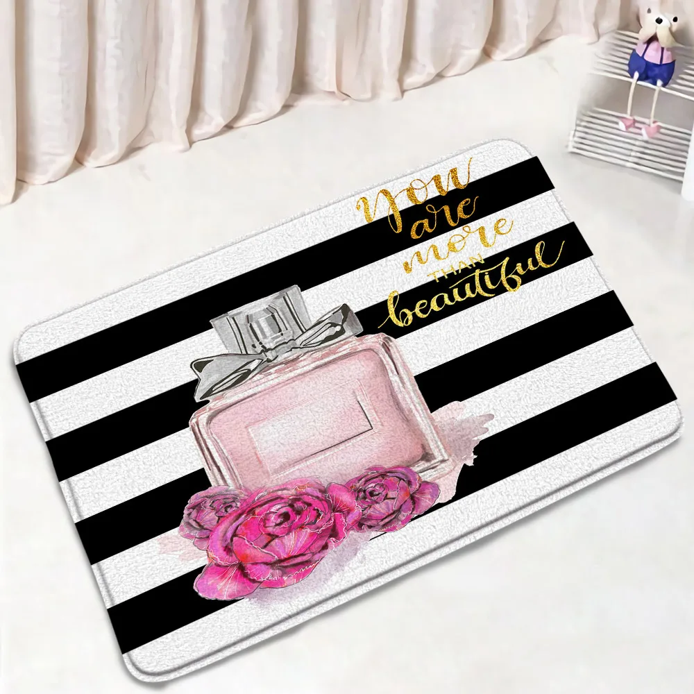 Pink Perfume Bottle Bath Mat Set Pink Flowers Cosmetics High-heels Bathroom Decor Modern Fashion Bath Rug Flannel Home Carpet