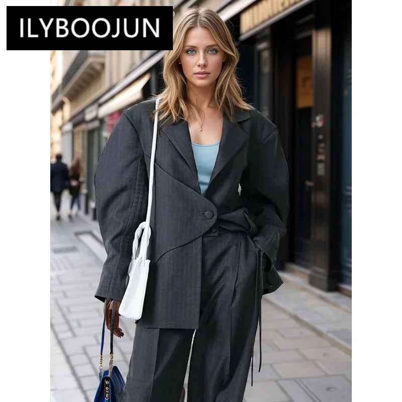 

ILYBOOJUN Solid Spliced Button Coats For Women Notched Collar Long Sleeve Patchwork Drawstring Streetwear Blazer Female New