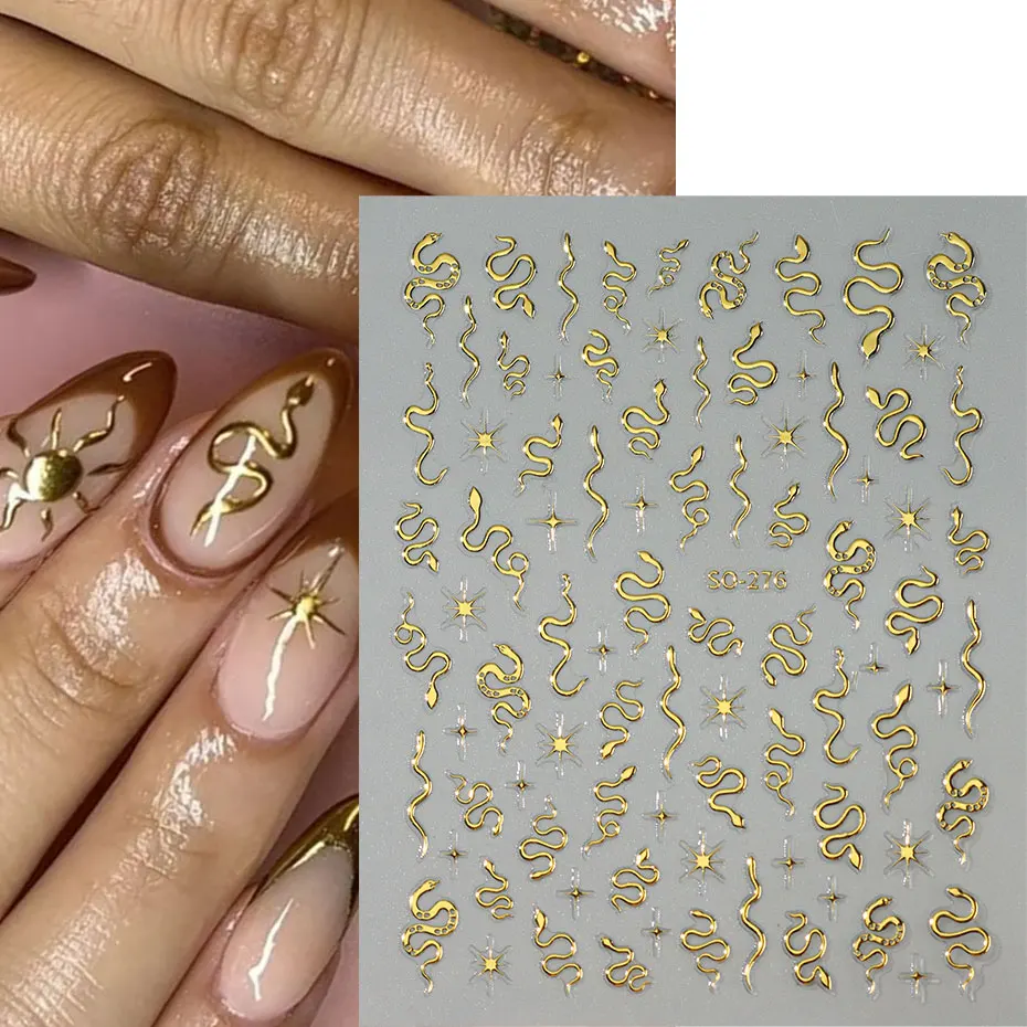 3 uds. De pegatinas 3D de serpiente negra para decoración de uñas, pegatinas Punk doradas y plateadas con estampado de animales, calcomanías de luz de estrellas, herramientas de manicura de año de serpiente oscura gótica
