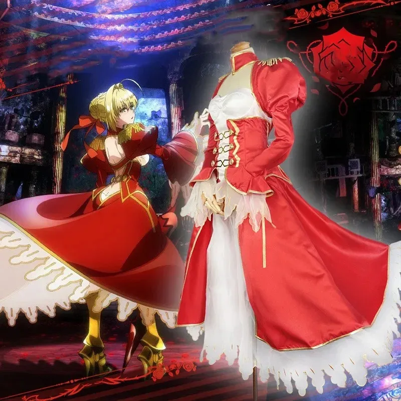 Juego de Anime Fate Extra Nero Claudius César Augustus Germanicus disfraz de Cosplay vestido de noche rojo falda de hilo peluca mujer conjuntos sexys;