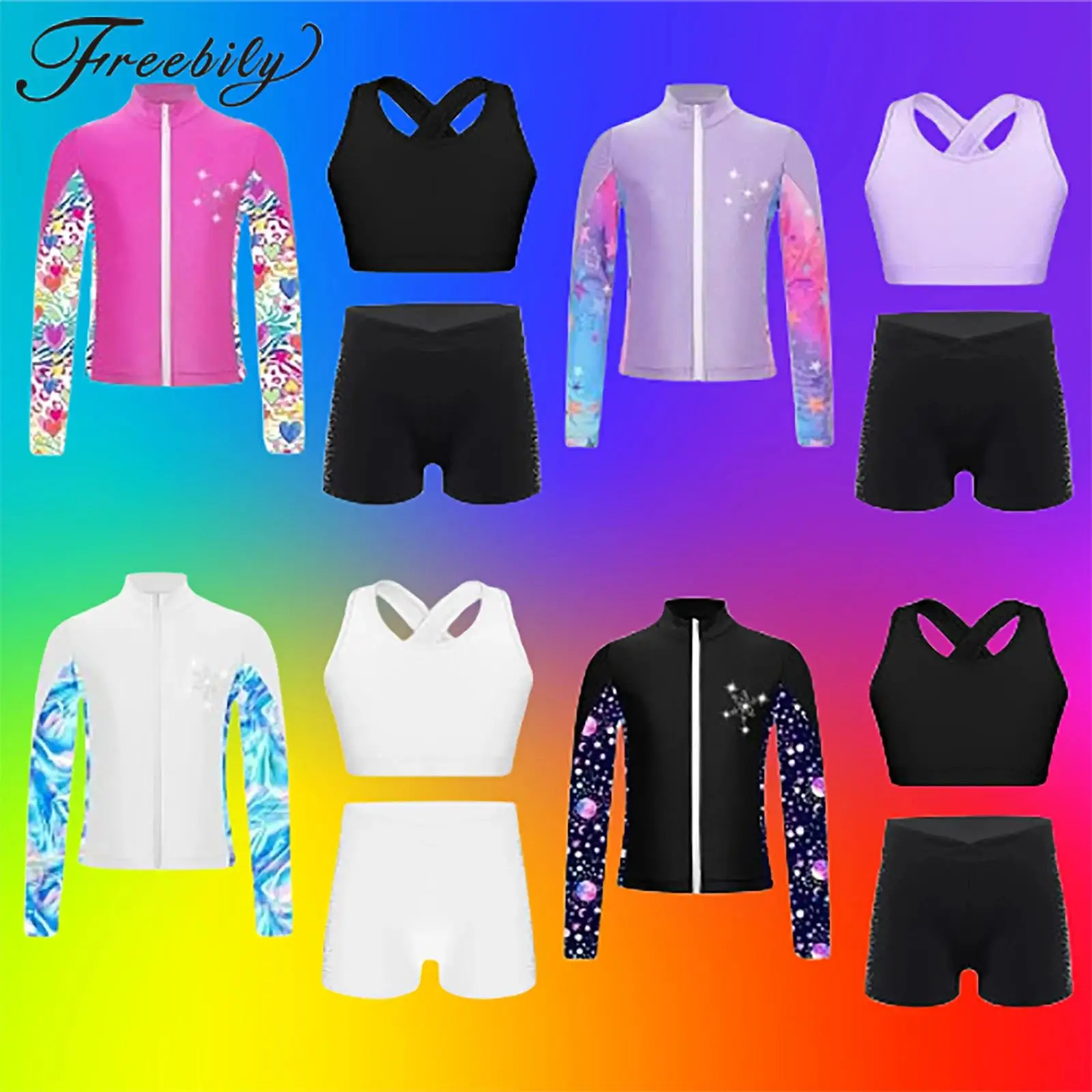 

Teens Gymnastics Outfits Kids Girls Sports Set Children's Trachsuit Tops Shorts Zipper Jacket Gym Fitness Sport Suits Yoga Sets